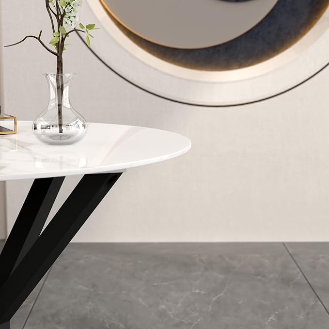 Round Marble Dining Table for 2-4 with Metal Legs, 31.5 Inch Modern Small Sintered Stone Kitchen Table for Kitchen Dining Room (White)