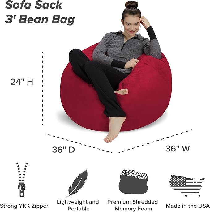 Sofa Sack Bean Bag Chair - Plush, Ultra Soft - Memory Foam Bean Bag Chair with Microsuede Cover - Stuffed Foam Filled Furniture and Accessories for Dorm Room 3 Feet - Cinnabar