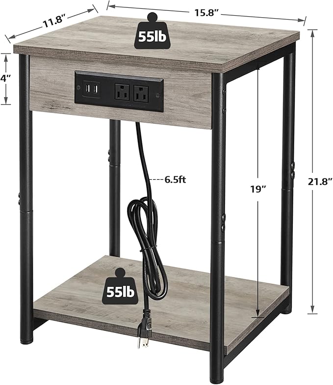 TUTOTAK End Table with Charging Station, Side Table with 2 USB Ports and 2 Outlets, 21.8”H 2-Tier Nightstand with Storage Shelf, Sofa Table TB01BG025 (1 pc)