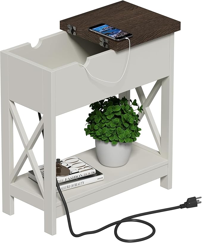 ChooChoo End Table with Charging Station, Narrow Flip Top Side Table with USB Ports & Power Outlets for Small Spaces, Nightstand Sofa Table for Living Room, Bedroom, White and Brown, 2 Pack