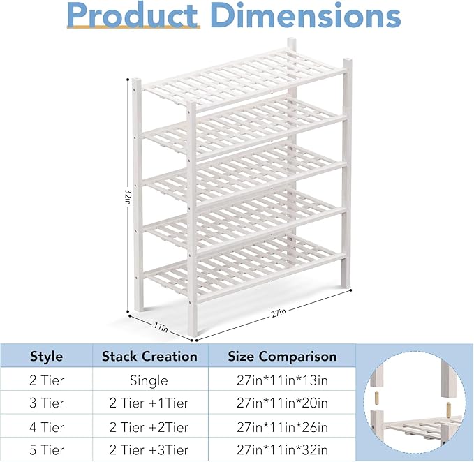 Haddockway 5 Tier Bamboo Shoe Rack Storage Organizer, Multifunctional Free Standing Stackable Shoe Shelf with Grid Panel for Closet,Hallway,Entryway,Small Space 27"x11"x32" (White, 5 Tier)