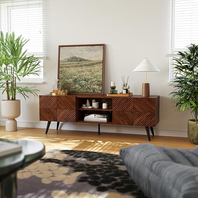 Bme Rhombus Wooden TV Stand with Storage Cabinets – Solid Acacia Wood, Geometric Rhombus Pattern Doors, Scandinavian Modern Entertainment Console with Metal Base