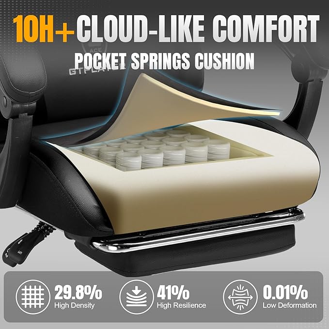 GTRACING Gaming Chair with Foot Rest & Pocket Spring Cushion, Ergonomic High Back Computer Chair with Headrest & 360°-Swivel Seat for Home Office Desk, PU Leather, Black