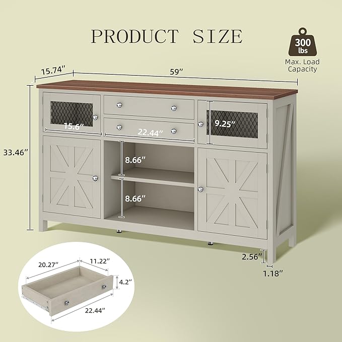 YITAHOME Farmhouse TV Stand for 65/55 Inch Television, Entertainment Center Television Stand with Drawers & Door, 59" Media Console TV Cabinet for Living Room, Antique White
