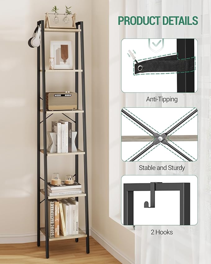 Ladder Shelf, Bookshelf Bookcase, Freestanding Corner Storage Shelve with 2 Hooks for Home Office, Living Room, Kitchen, Bedroom, Industrial, 6-Tier Greige BC13305B