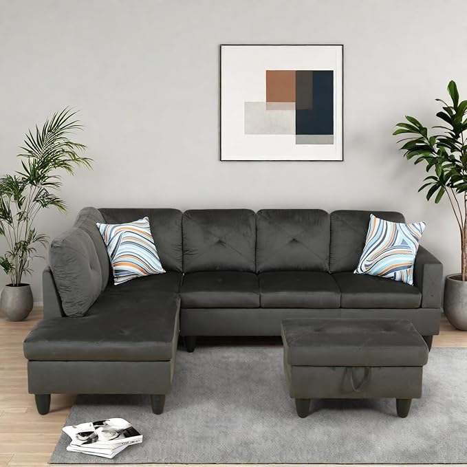 L-Shaped Sectional Sofa with Ottoman, Right-Facing Modern Microfiber Couch for Living Room, Bedroom, Office, Espresso