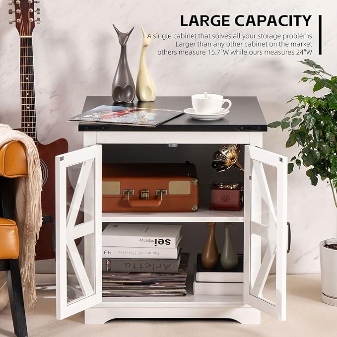 Farmhouse End Table, 24" Large End Tables with Storage, Rustic Square Sofa Beside Table with Glass Barn Door, Wood Side Table Square Nightstand for Living Room, Bedroom, Office (White)