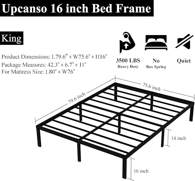 16 Inch King Bed Frame Heavy Duty Metal Platform King Size Bed Frames with 14 Inch Storage, Easy Assembly 3,500 lbs Steel Slats Support Mattress Foundation, Black