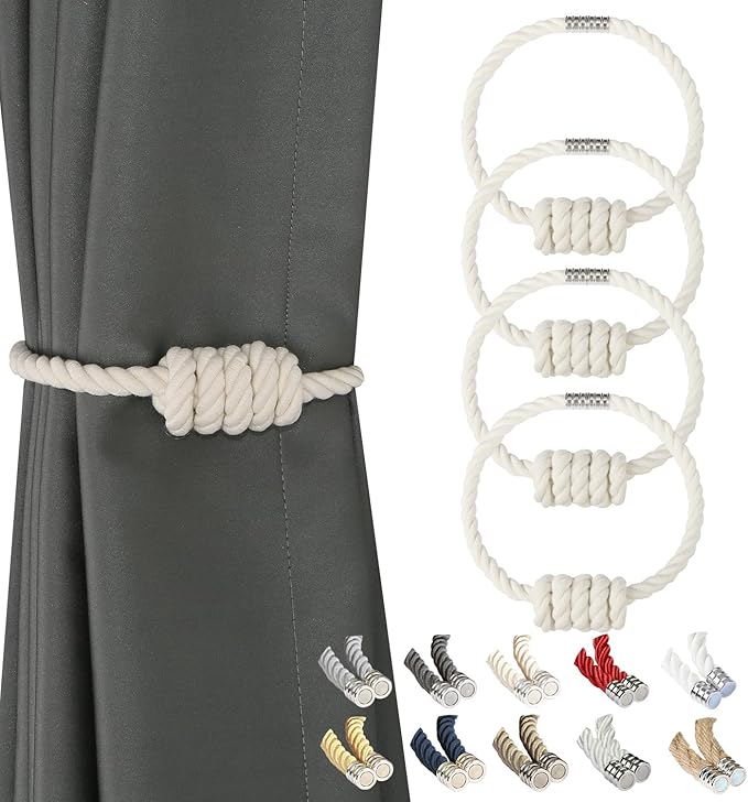 BEL AVENIR Magnetic Cotton Curtain Tiebacks, Decorative Drapery Holdbacks Modern Woven Tie-Backs with Exquisite Knot (Cotton, 4 Pack)