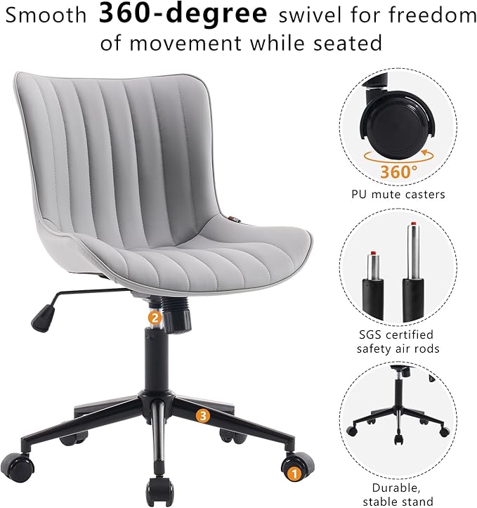 YOUNIKE Grey Home Office Desk Chair with Wheels Ergonomic Comfy Armless Vanity Chair with Back Modern Leather Upholstered Rolling Task Chair Small Cute Computer Drafting Sewing Chair Swivel Adjustable