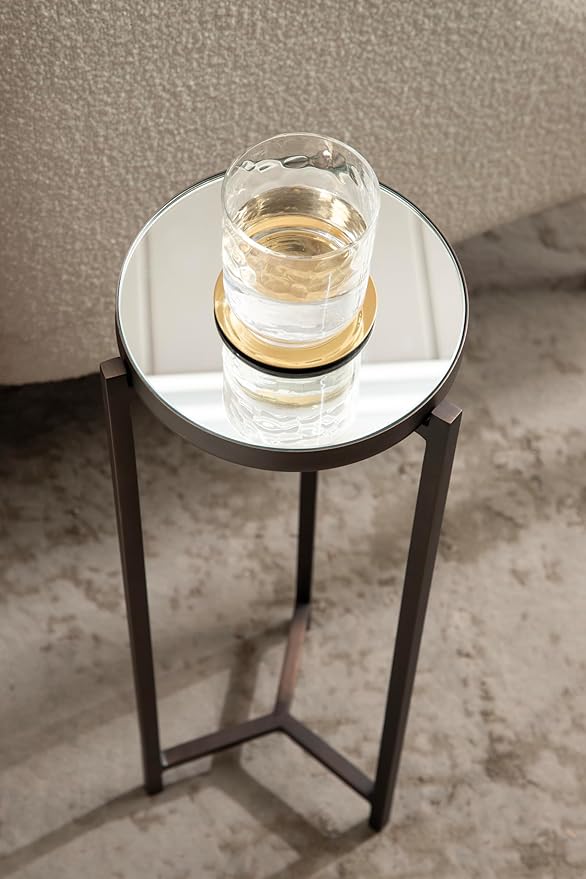 Kate and Laurel Aguilar Modern Mirrored Round Drink Table, 9 x 9 x 23, Bronze, Metal Accent Table with Mirrored Tabletop for Use as Small Plant Stand