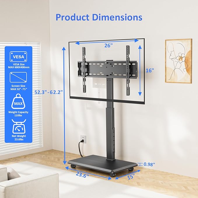 Rolling TV Stand with Power Outlet, Mobile TV Stand for 32-75 Inch TVs up to 110 lbs, 30° Swivel TV Floor Stand, 18 Adjustable Heights, TV Cart on Wheels for Bedroom, Office, Outdoor, Black