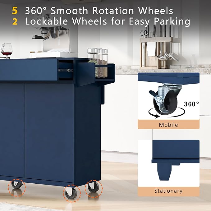 53" Kitchen Island with Drop Leaf,Dining Storage Cart W/Spice Rack,Towel Rack and 2 Drawers,Rolling Island on Wheels W/Adjustable Shelves for Kitchen,Dining Room,Navy Blue