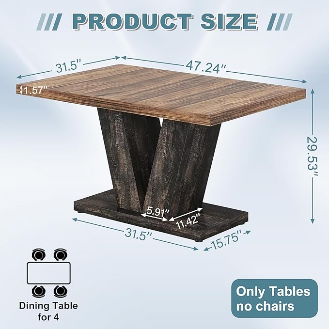 Dining Table for 4-6, 47" Farmhouse Dinner Table with with Wooden Tabletop and Heavy Duty Pedestal Wooden Rectangular Kitchen Tables for Dining Room, Kitchen, Living Room, Brown & Black