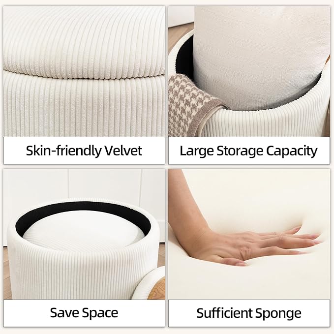 Round Set of 3 Ottoman with Storage-Upholstered Velvet Vanity Stool for Modern Multifunctional Coffee Table Padded Seat Foot Rest for Living Room and Bedroom (White)