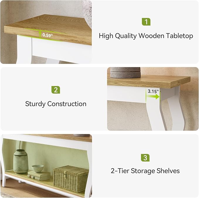 LITTLE TREE 70.9 Inches Long Console Table, 2-Tier Vintage Wooden Sofa Table Behind The Couch with Metal Legs for Hallway, Entryway, Living Room, White & Light Oak
