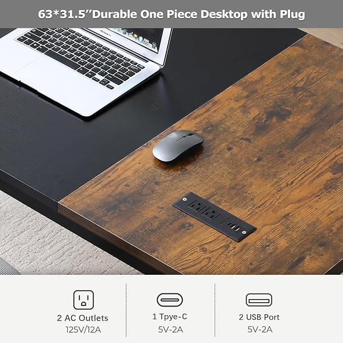 Large Computer Desk - 63 Inch Home Office Desks Study Student Writing Table Gaming Desk Wood Modern Simple Table with USB Ports, Vintage + Black