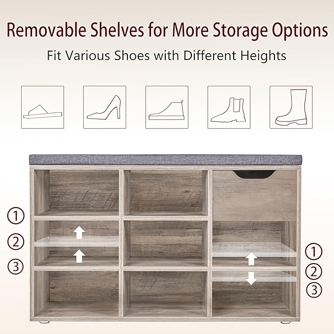 DINZI LVJ Shoe Bench,Entryway Storage Bench with Drawer and 8 Cubbies,Cubby Rack Adjustable Shelves,Shoe Organizer Cabinet for Living Room,Bedroom,Mudroom,Closet Garage,Greige