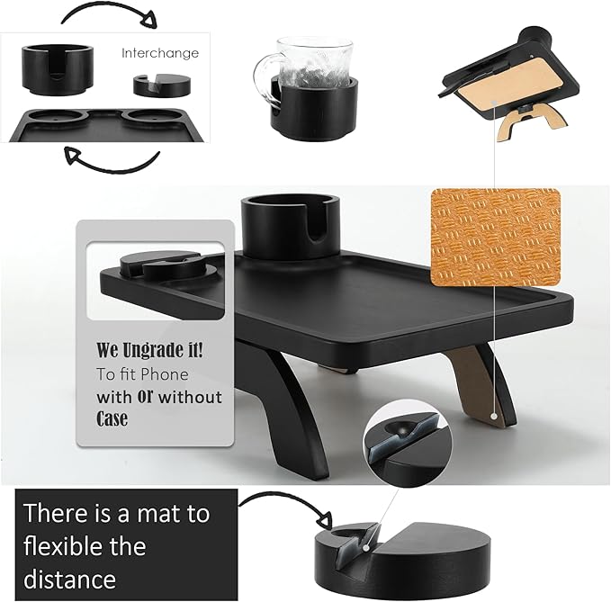 Nnewvante Couch Cup Holder,3 in 1 Large 15.36"x9.85" Bamboo Couch Arm Table Sofa Arm Clip on TV Tray Table with 360°Rotated Phone/Cup Holder, Black