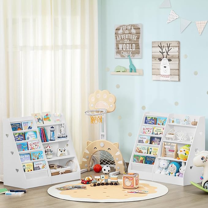 Lerliuo 4 Tier Kids Bookshelf and Storage Organizer, Five Layer Sling Children Bookcase, Baby Toddler Wooden Book Shelf, Display Cabinet for Playroom, Bedroom, Classroom, Nursery, School (White)