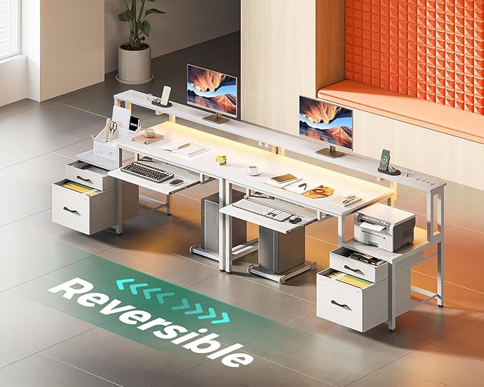 AODK Computer Desk with Drawers and Keyboard Tray, 48" Office Desk with Power Outlet and LED Lights, Reversible Study Work Desk with Printer Shelf and PC Stand for Home Office, White