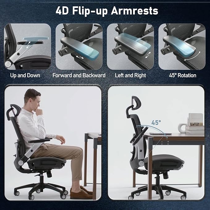 COLAMY Ergonomic Mesh Office Chair with Footrest, High Back Computer Executive Desk Chair with Headrest and 4D Flip-up Armrests, Adjustable Tilt Lock and Lumbar Support-Grey