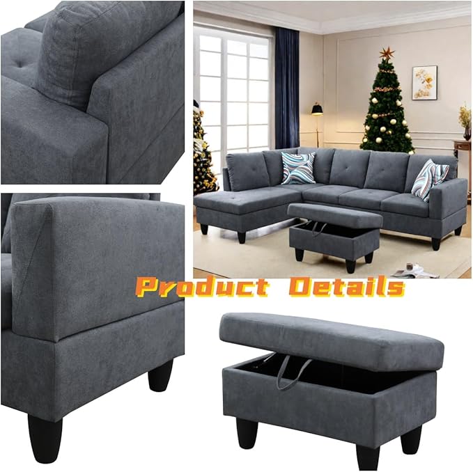 L Shaped Sectional Couch with Otttoman, 97" Sectional Sofa for Living Room Flannel Modular Couches with Cup Holders for Bedroom, Apartments, Dark Grey