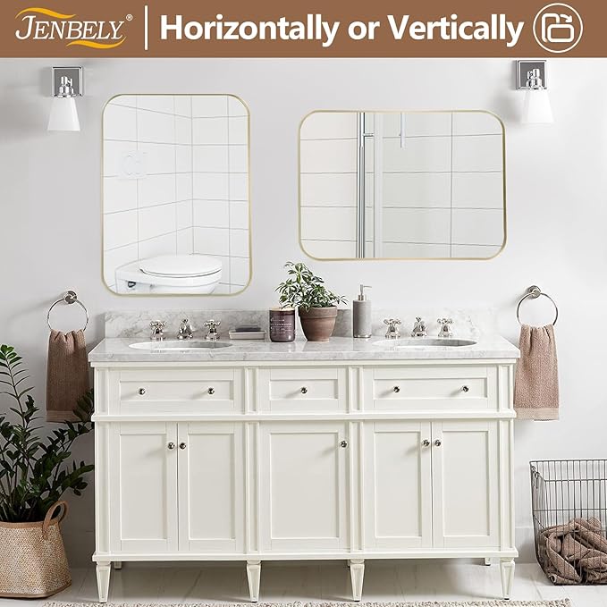 24x36 Inch Brushed Nickel Bathroom Mirror, Framed Rectangle Mirror with Rounded Corner, Brushed Mirror, Silver Bathroom Mirror for Over Sink, Vanity, Living Room, Bedroom, Horizontal/Vertical