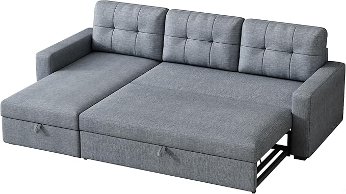 Ball & Cast L-Shape Reversible Sectional Sleeper Sofa Bed,Linen Upholstered 4 in 1 Pull Out Couch with Storage Chaise & Removable Back Cushions,Convertible Corner Sectionals for Living Room,Office