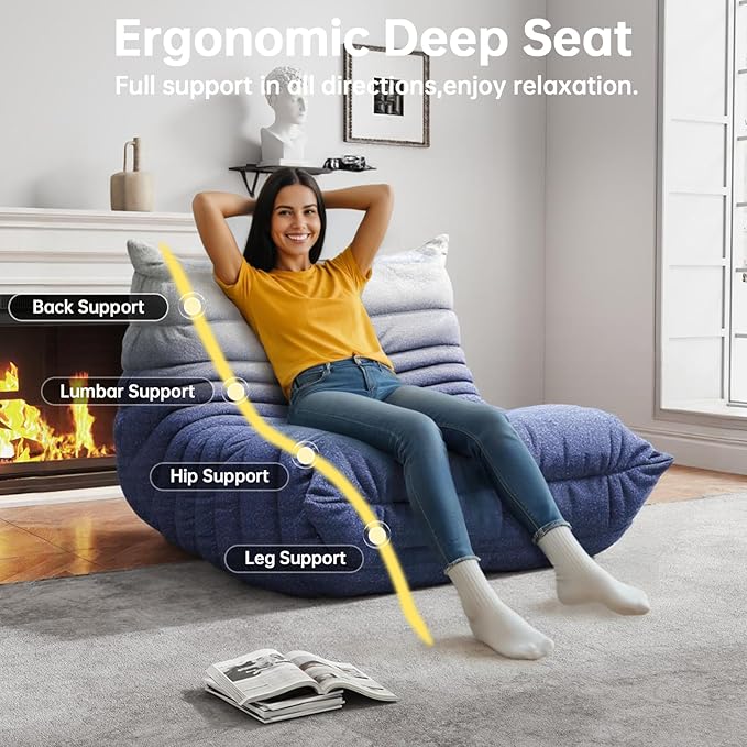Bean Bag Chairs for Adults, BeanBag Reading Chair Memory Foam Couch, Floor Chair Soft Teddy Material, Comfy Reading Nook Chairs for Bedroom Living Room Office (Blue White)