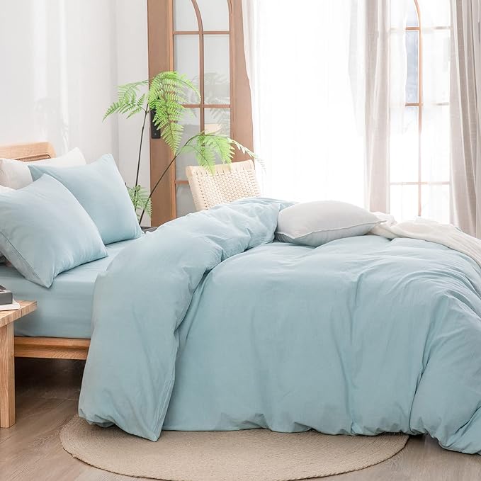 BESTOUCH Duvet Cover Set 100% Washed Cotton Linen Feel Super Soft Comfortable Chic Lightweight 3 PCs Home Bedding Set Solid Hushed Green Cal King