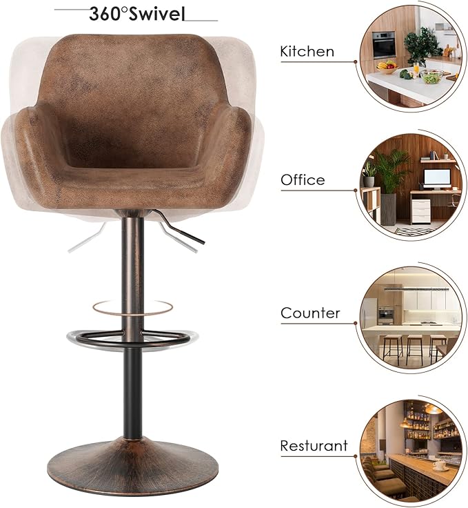 Keyluv Bar Stools Set of 2 for Kitchen Counter Adjustable Swivel Height Barstools 29 Inch Faux Leather Bar Chairs with Padded Back and Chromed Metal Base, Retro Brown