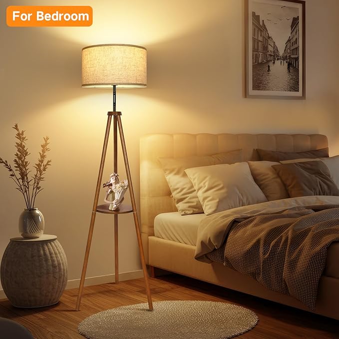 OUTON Wood Tripod Floor Lamp with Shelves, Mid Century LED Modern Dimmable Floor Lamp with Remote & Touch Control, Sturdy Tall Standing Lamp for Living Room, Bedroom, Office, Walnut