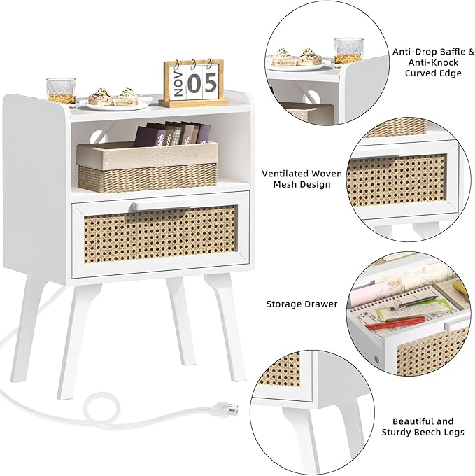 Lerliuo Rattan Nightstand with Charging Station, White Bedside Table with Drawer Open Shelf, Cane Accent Side End Table with Solid Wood Legs, Night Stand for Bedroom, Dorm and Small Spaces