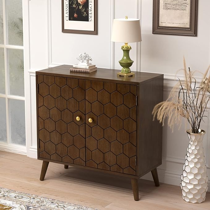 COSIEST Set of 2 32" Storage Sideboards with Doors, Accent Cabinets with Magnetic Push-to-Open Doors, Brown Honeycomb Pattern, Entryway Console for Living Room, Kitchen, Hallway
