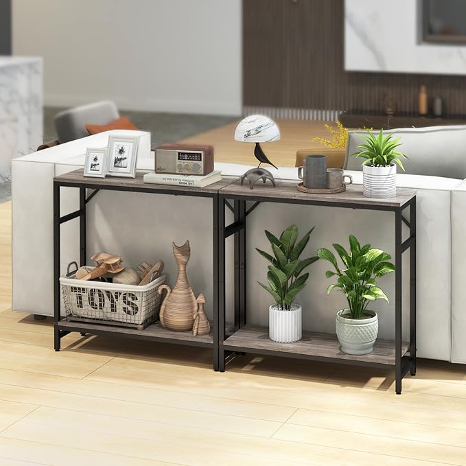 Narrow Console Table, 2 Tier Entryway Table, Thin Sofa Table, Industrial Couch Table with 2 Support Bar, Small Side Tables for Living Room, Bedroom, Hallway, Foyer, Grey
