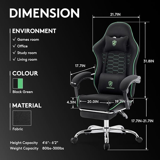 Gaming Chair Breathable Fabric,Computer Office Chair with Footrest,Massage Lumbar Support and Gel Pad,Ergonomic Reclining Adjustable Gamer Chair with Headrest and Spring Cushion Black Green