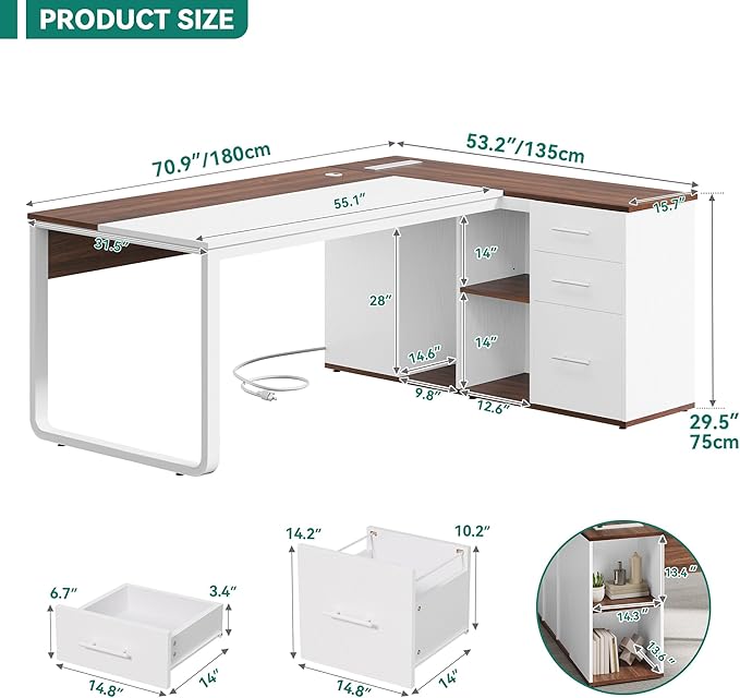 YITAHOME Executive Desk with Power Outlets, 71" L Shaped Desk with File Cabinet, Executive Desk with Drawers & Storage Shelves, Corner Office Desk with Bookshelf for Home Office, Walnut & White