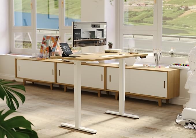 Claiks Electric Height Adjustable Stand Up Desk, 35x20 Inches Sit Stand Desk for Home Office, Nature Top/White Frame