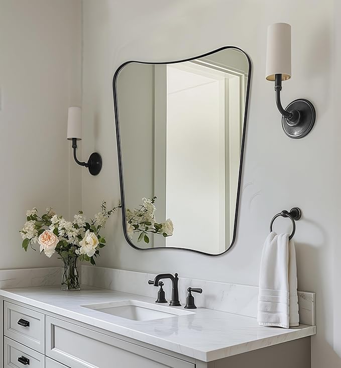 Black Bathroom Mirror, Black Vanity Mirror, 22x30 Irregular Shaped Mirror for Wall, Anti-Rust Metal Framed Wavy Mirror