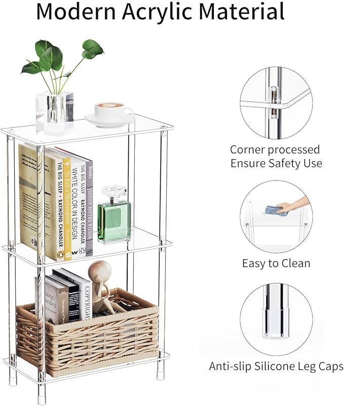 Clear Acrylic Narrow Side Table for Small Spaces, 15.75" L x 7.87" W x 26.7" H, 3 Tier Rectangle Slim End Table Nightstand, Small Mini Skinny Bedside Table for Bedroom, Bathroom, Living Room