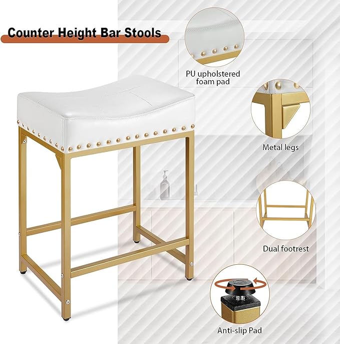 Bar Stools Set of 4 Counter Height, 24" Modern Off White & Gold Counter Stools Set of 4, Stools for Kitchen Counter, Modern Barstools Saddle Stool Backless Island(Off White+Gold)