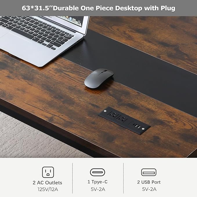 Large Computer Desk - 63 Inch Home Office Desks Study Student Writing Table Gaming Desk Wood Modern Simple Table with USB Ports, Rustic + Black