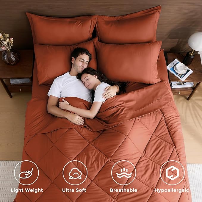 HEVUMYI Burnt Orange Queen Comforter Set - 7-Piece All Season Bed in a Bag Queen, Ultra Soft Bedding Set with Comforter, Flat Sheet, Fitted Sheet, Pillowcases, Pillow Shams