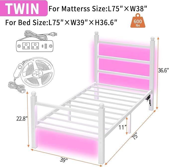 Twin Bed Frame with Headboard and Footboard,Steel Slats Support-LED Bed Frame with USB Charging Station,Mattress Foundation-Under Bed Storage,No Box Spring Needed,Noise Free,White