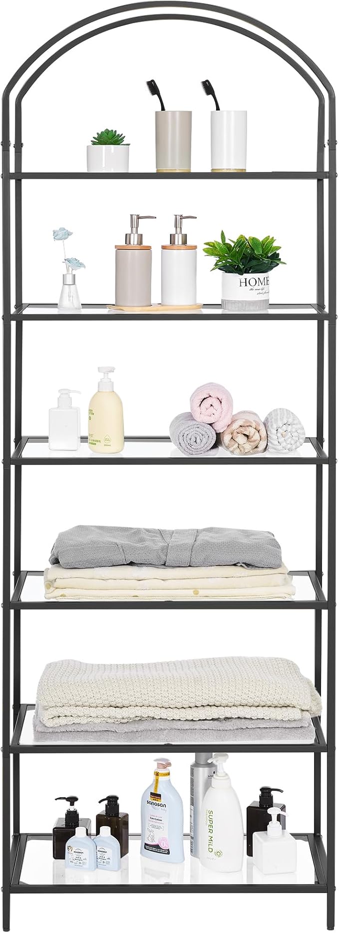 Homhedy Bookshelf Arched Display Racks,Metal Bookcase,Tempered Glass Shelves,Storage Rack Shelf for Home Office,Living Room,Bedroom, Bathroom,Modern Style (Black, 11.8" D x 23.6" W x 73.6" H)