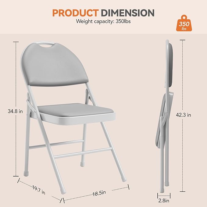 GarveeHome 4 Pack Folding Chairs with PU Leather Padded Cushion and Back, Metal Foldable Chair for Indoor Outdoor, Commercial Stackable Guest Chairs for Camping, Dining Room, Office, Party, Grey