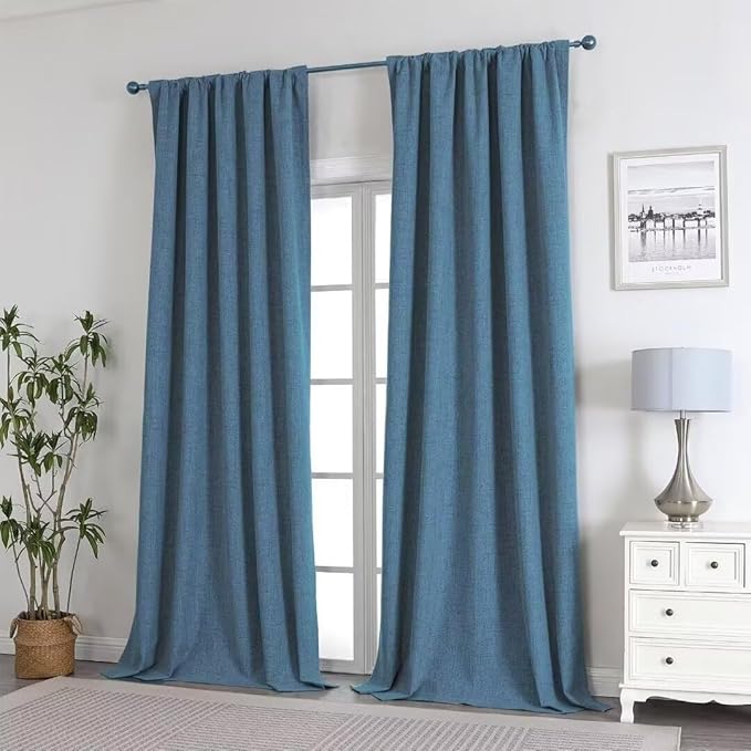 Joydeco Natural Linen Curtains 96 inch Length 2 Panels Set Burg 100% Blackout Patio Door Curtain Room Darkening Sliding Door Curtains Thermal Insulated Back tab Rod Pocket(105x96 inch, Sky Blue)