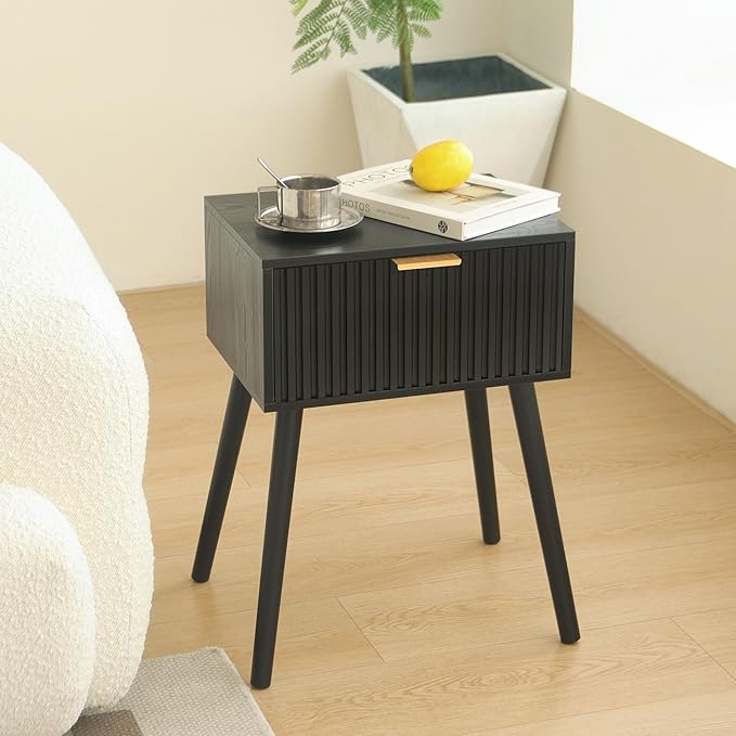 Black Nightstand, Small End Tables Living Room, Accent Bedside Table with Fluted Drawer for Bedroom and Small Space, Black