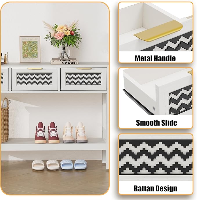Entryway Table, Boho Console Table with 3 Storage Drawers and Storage Shelf, Sofa Table with Socket, for Entryway, Living Room, Behind Couch and Hallway (White)
